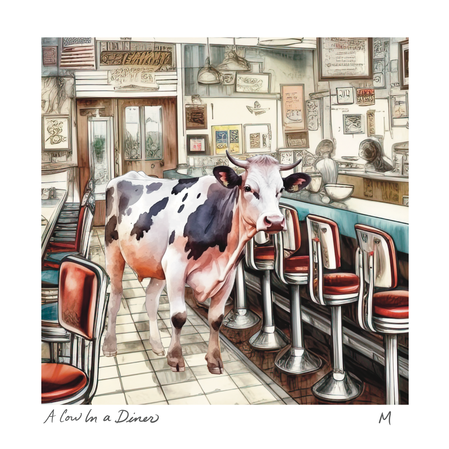 Cow in a Diner Art Print