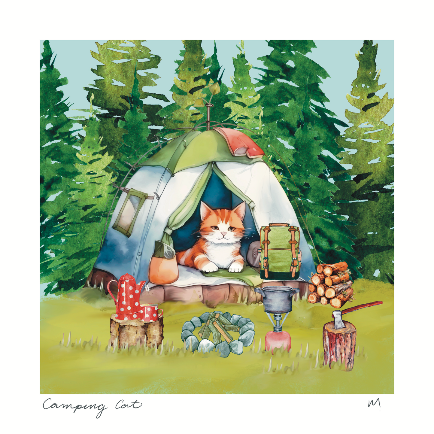 'Campng Cat' Art Print